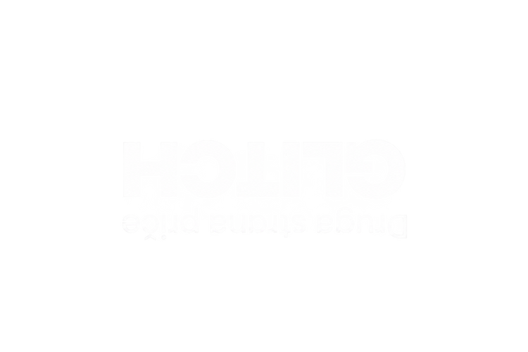 Bijeli GLITCH logo i slogan Druga strana priče, okrenuti za 180 stupnjeva